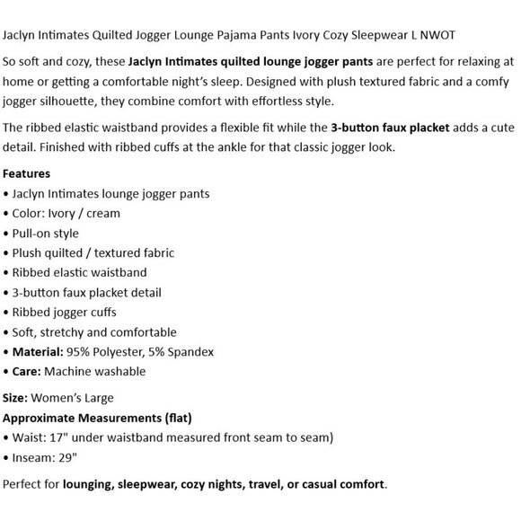 Jaclyn Intimates Quilted Jogger Lounge Pajama Pants Ivory Cozy Sleepwear L NWOT - Picture 2 of 6